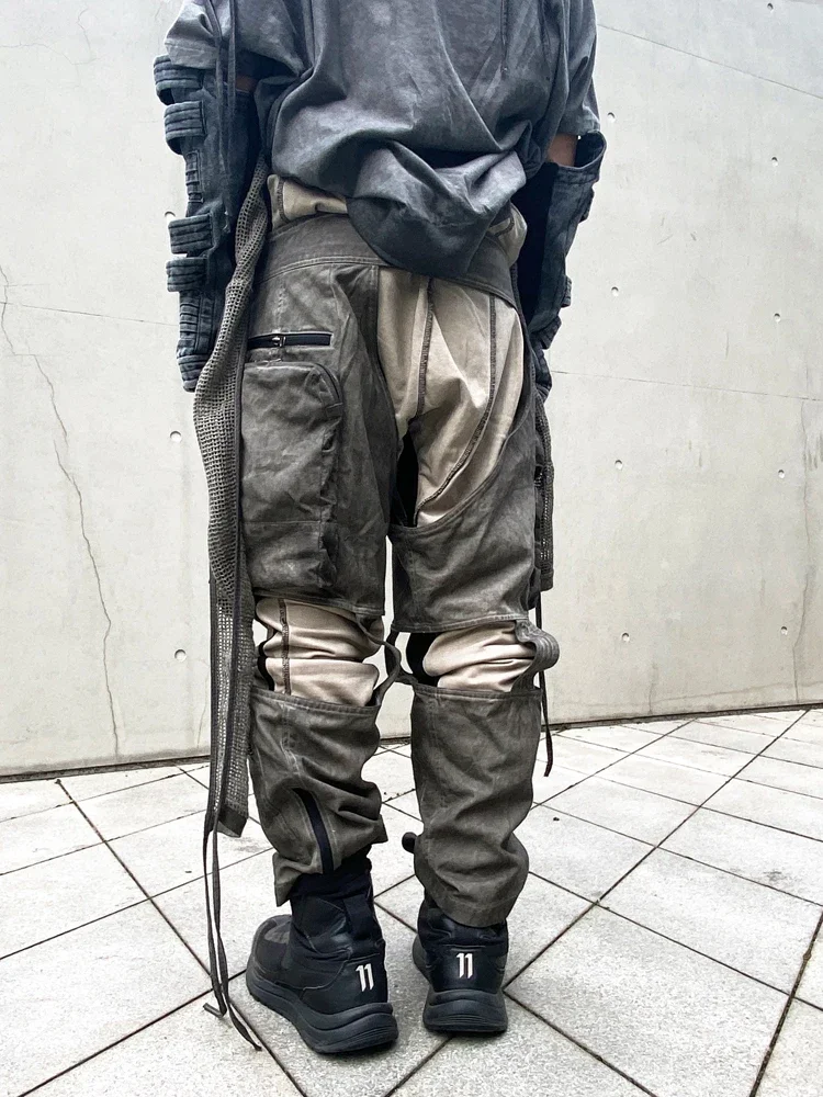 

Dune Waste Soil Function Style Hollow Out Asymmetrical Dyed To Do Old Personality Cargo Pants Men's Trend Pants