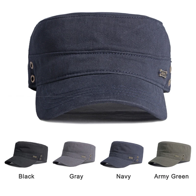 [Casual Military Hats For Men Cotton Flat Top Army Caps Women Solid Color Black Sun Hat Metal Tag Visor Curved Brim Adjustable - Image 2
