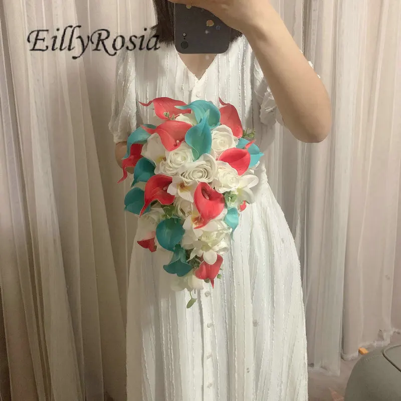 

EillyRosia оригинальный дизайн коралловый T синий лилии Свадебный букет Каскадный элегантный пляжный Свадебный букет свободного цвета