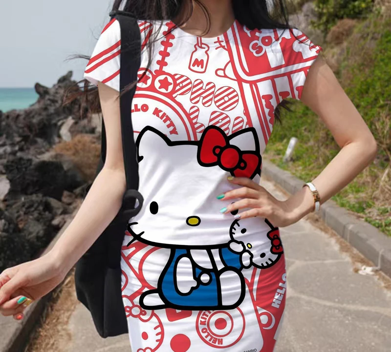 

2023 summer women's new Korean temperament HELLO KITTY printed dress part short sleeve waist tight sexy pocket hip dress