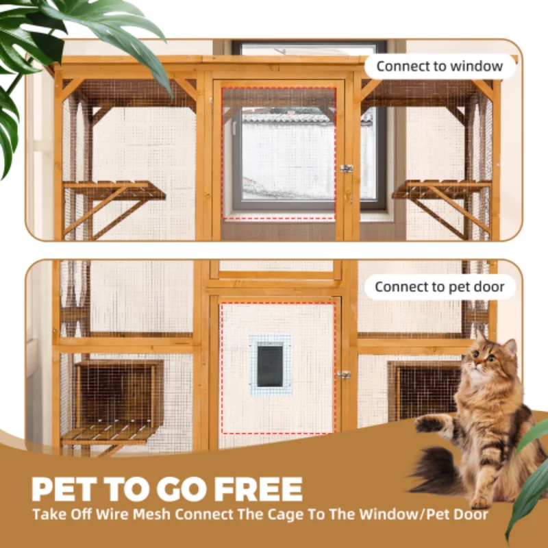 Catio Outdoor Cat Enclosure with Roof 72" Height Cat Wooden House Large Cage with 3 Jumping Platforms and 2 Napping Houses f