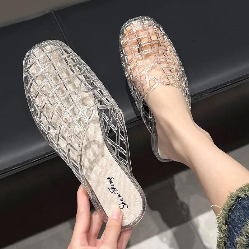 Women's slippers summer breathable women's cool sandals summer sparkling flat hollow out versatile hooded cool sandals for women 4