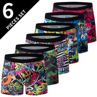 6-piece Men's Fashion Graffiti Printed Long Boyshort Underwear Comfortable And Breathable Teenagers Plus Size Joker Beach Shorts