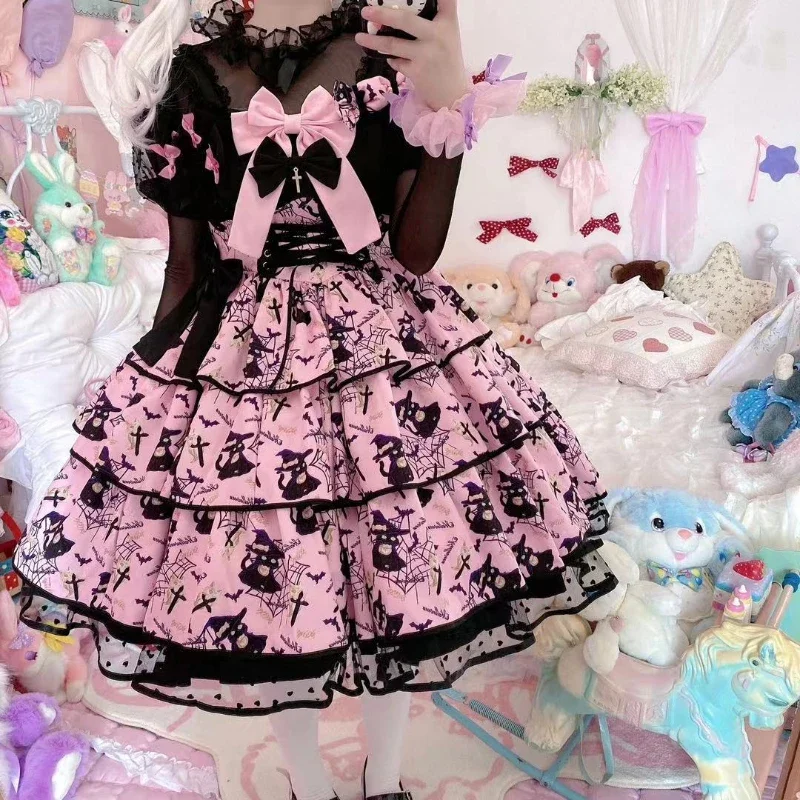 

Victorian Sweet Black Pink Lolita Dress Women Kawaii Elegant Luxury Y2k Chic Retro Gothic Dresses Girls Witch Pattern Midi Dress