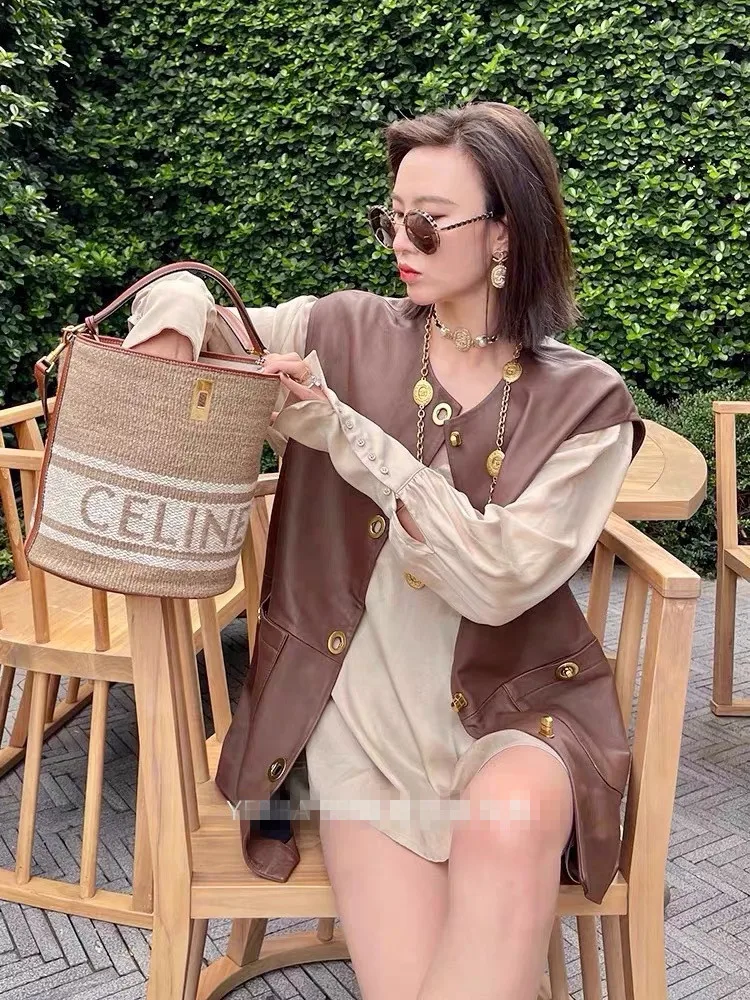 2023 Spring Autumn New Arrival Women Casual  Genuine Leather Vest O-Neck Simple Fashion Jacket