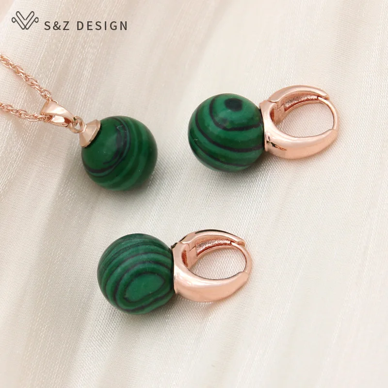 S&Z DESIGN New 585 Rose Gold Color Round Synthetic Turquoises Drop Earrings Jewelry Sets For Women Wedding Pendant Necklace