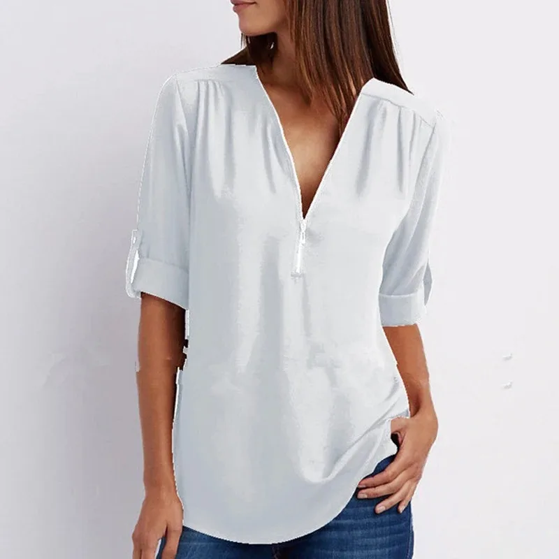 Women's Long Sleeve Chiffon Blouse V-neck Top Zipper Casual Loose Solid Casual Clothes 2025 New 25811