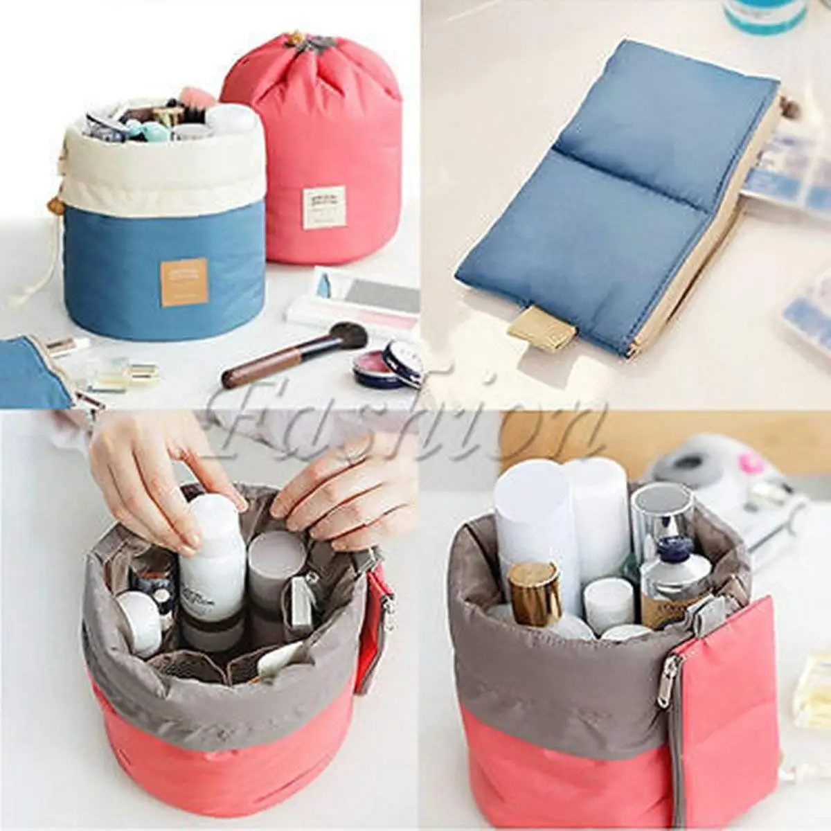 

Travel Cosmetic Bags Barrel Makeup Bag Women&Girls Portable Foldable Cases Multifunctional Toiletry Bucket Bags Round Organizer