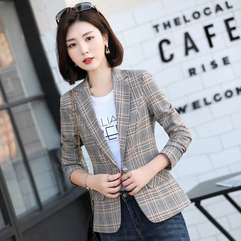 Plaid Styles Gray Black Single Button Ladies Blazers Women Sale Spring Autumn Women Suit Jacket Blazer Femme Office Tops Coats