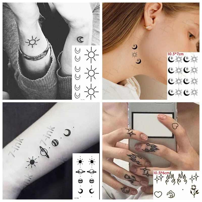 Tatuaje de transferencia al agua para hombre, mujer y niños, Tatuajes Temporales impermeables, pistola pequeña de sol, luna, corazón, arte corporal