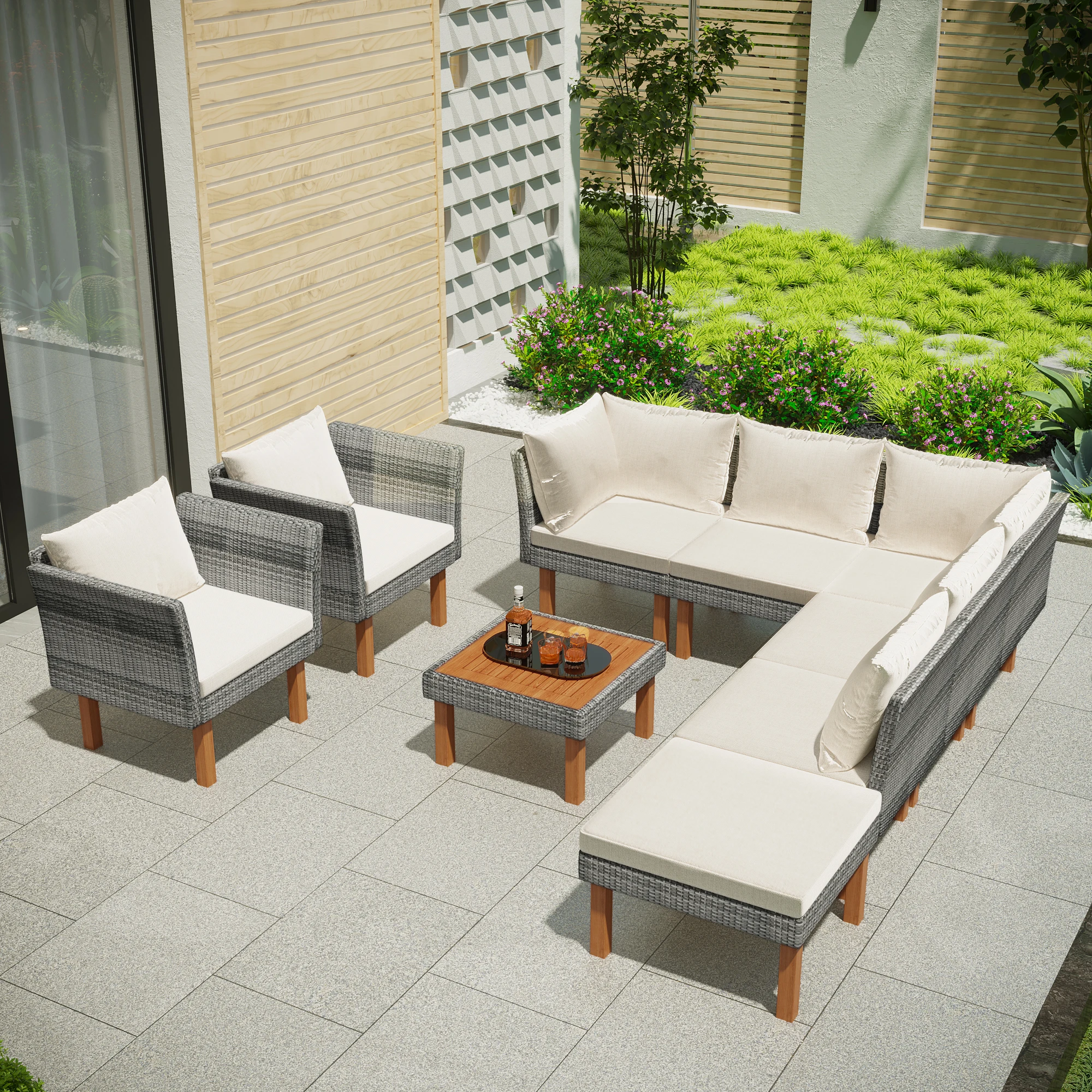 9Pcs Outdoor Patio Garden Wicker Sofa Set Gray PE Rattan Wood Legs Acacia Wood Tabletop Armrest Chairs W/Beige/Grey Cushions