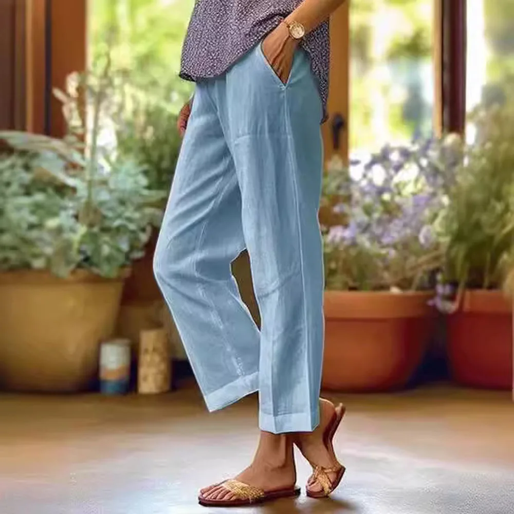 Women Cotton Linen Summer Pants Elastic Waist Wide Leg