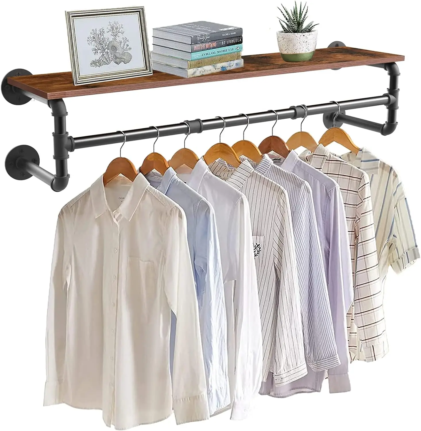 Industrial Pipe Clothes Rack with Wooden Shelf – Wall-Mounted Hanging Organizer for Bedroom, Closet, Entryway & Laundry Room 1