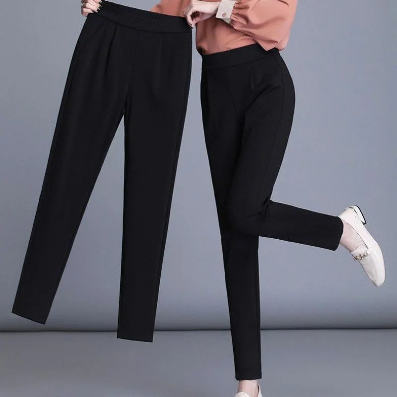Office Lady Fashion Slim Pencil Pants Spring Summer Koreon Women Letter Elastic High Waist Black All-match Casual Suit Trousers