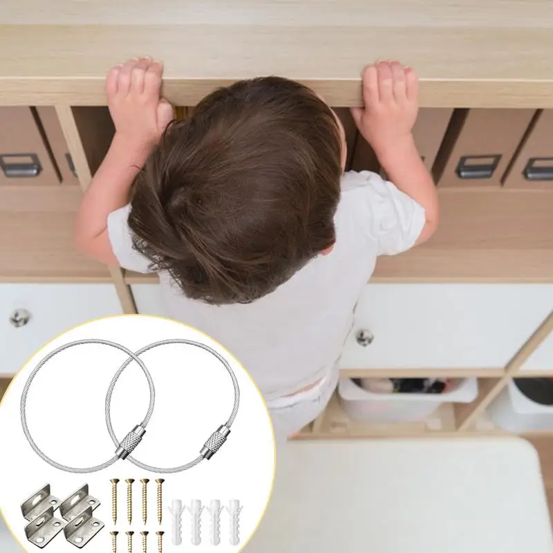 Furniture Anti-Tip Kit 2PCS Adjustable Child Secure Wall Straps Stainless Steel Dresser Wall Safety Anchor Sturdy Metal