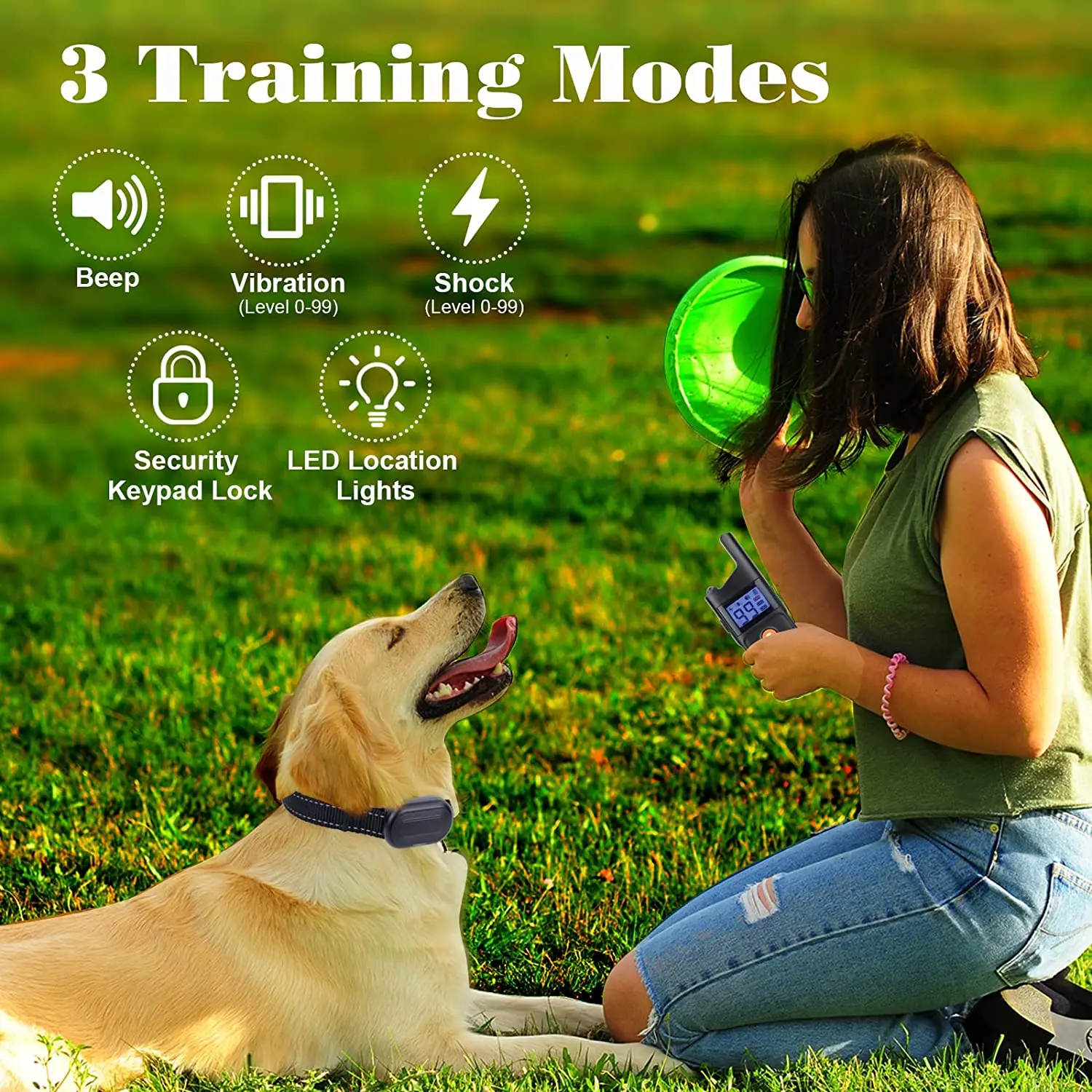 An infographic showing a woman training a Golden Retriever. Icons highlight three training modes: Beep, Vibration (levels 0-99), and Shock (levels 0-99). It also mentions a security keypad lock and LED location lights for visibility.
