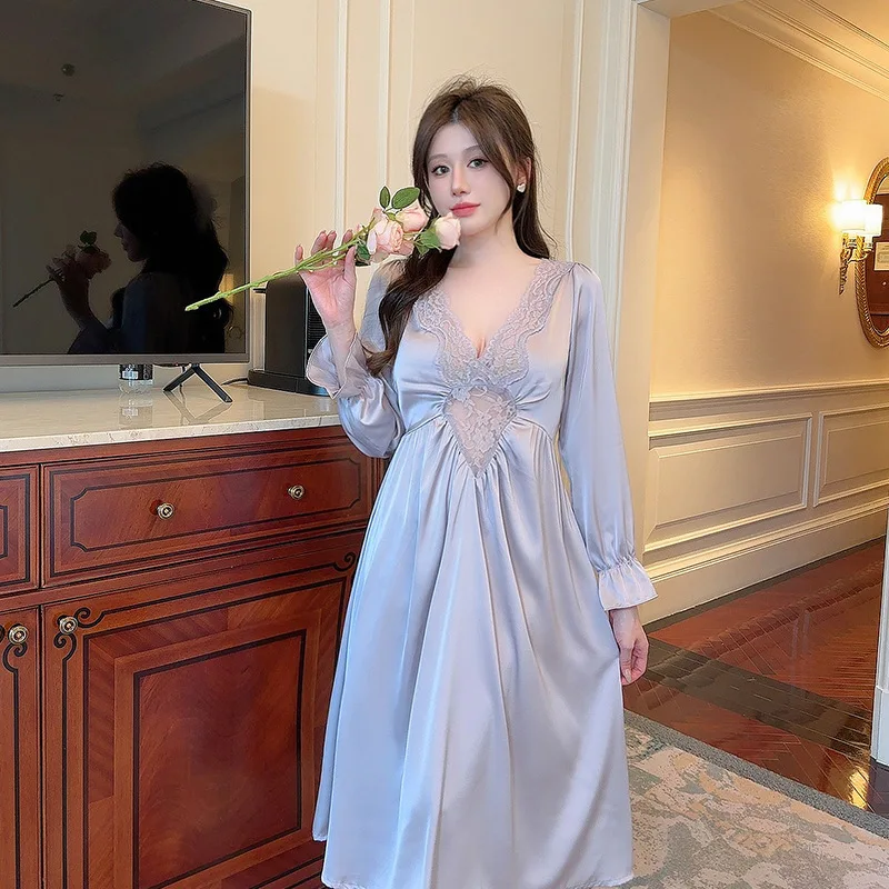

Ночная сорочка с V-образным вырезом и длинным рукавом, женская рубашка, нижнее белье, летняя сорочка, одежда для сна, атласная одежда для отдыха, ночная сорочка на бретелях