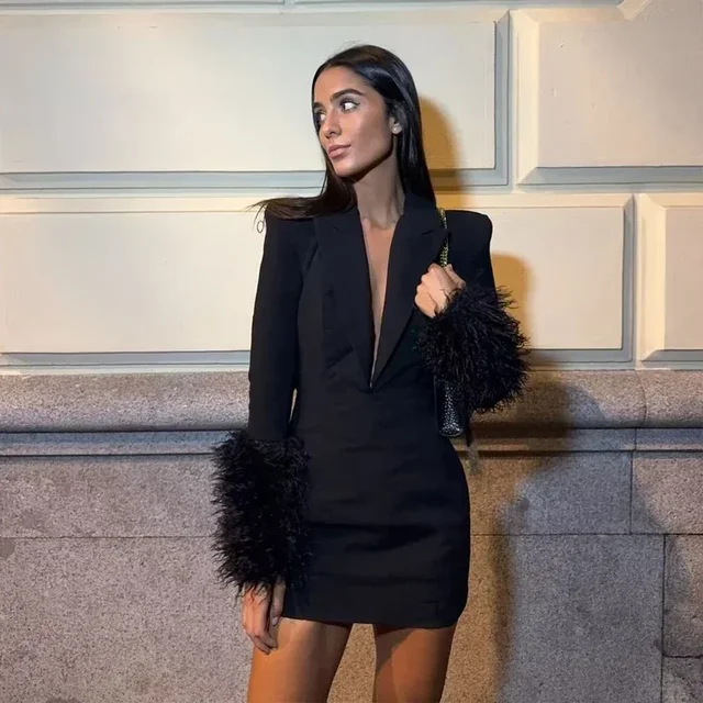 2025 Feather Short Dresses for Women Black Office Blazer Dress Woman Fashion Women's Winter Dress Long Sleeve Dress Women - Image 6