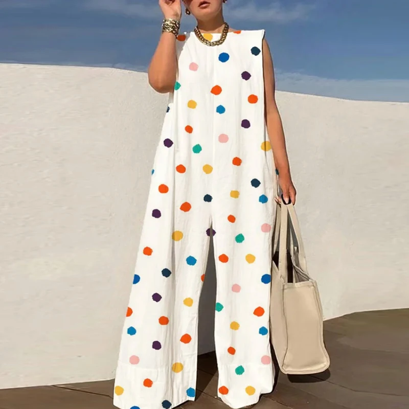 Elegant Patterm Print Loose Long Jumpsuit Summer Office Casual Wide Leg Romper Women Fashion O-neck Sleeveless Playsuit Overalls