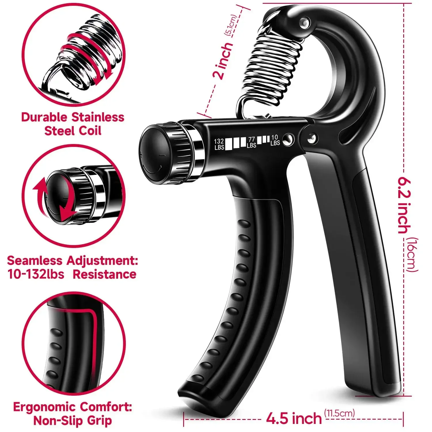 5-60Kg Adjustable Grip Strength Trainer with Finger Exerciser Hand Grip Strengthener for Muscle Building and Injury Recover 2