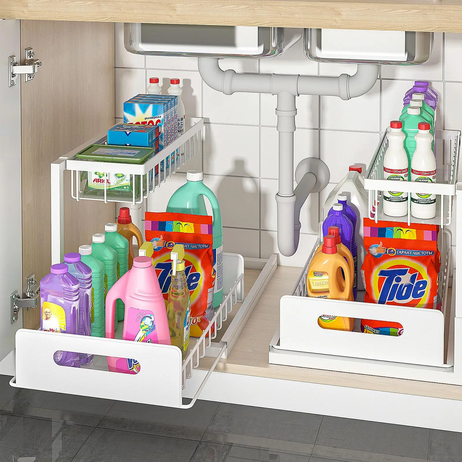 Under Sink Organizers and Storage,with Sliding Drawer 2 Tier Multi-purpose Bathroom Shelf Organizer for Kitchen Bathroom Storage 2