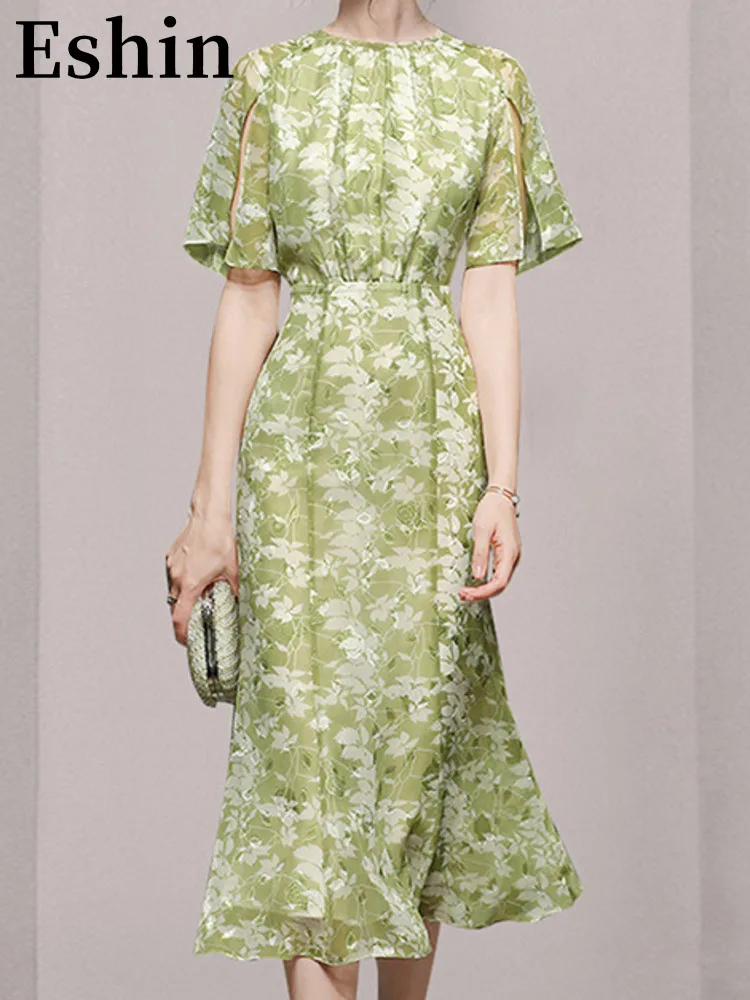

Eshin Round Collar Short Sleeve Green Pritning Loose Waist Dress For Women 2023 Summer Fashion Female New Dresses TH4095