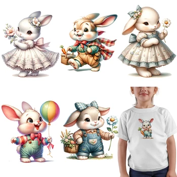 만화 귀여운 토끼 아기 다리미, 아동복 전송, DTF 전송, 열 전달 인쇄 준비