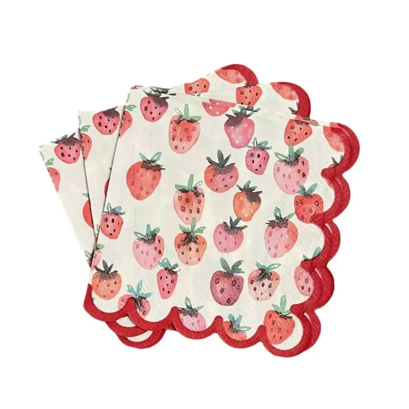 Cocktail Napkins 20pcs 25*25cm 2-Ply Strawberry Printed Cut Edge Bar Party Paper Wavy Edge Printed Paper Placemats