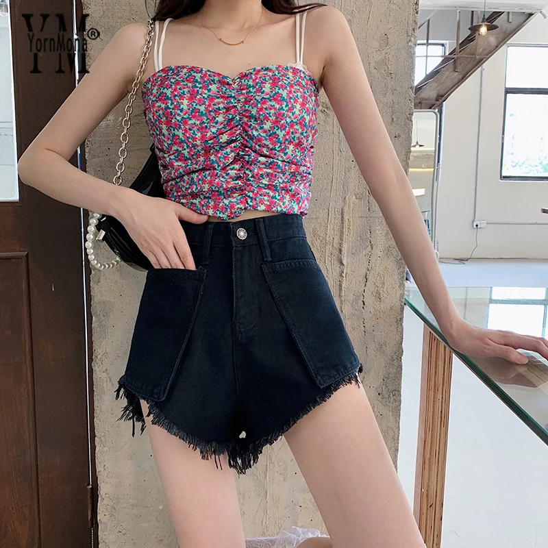 

YornMona Korean Fashion Y2K Big Pockets Jeans Shorts Women Summer High Waist Tassel Black Blue Denim Shorts Streetwear