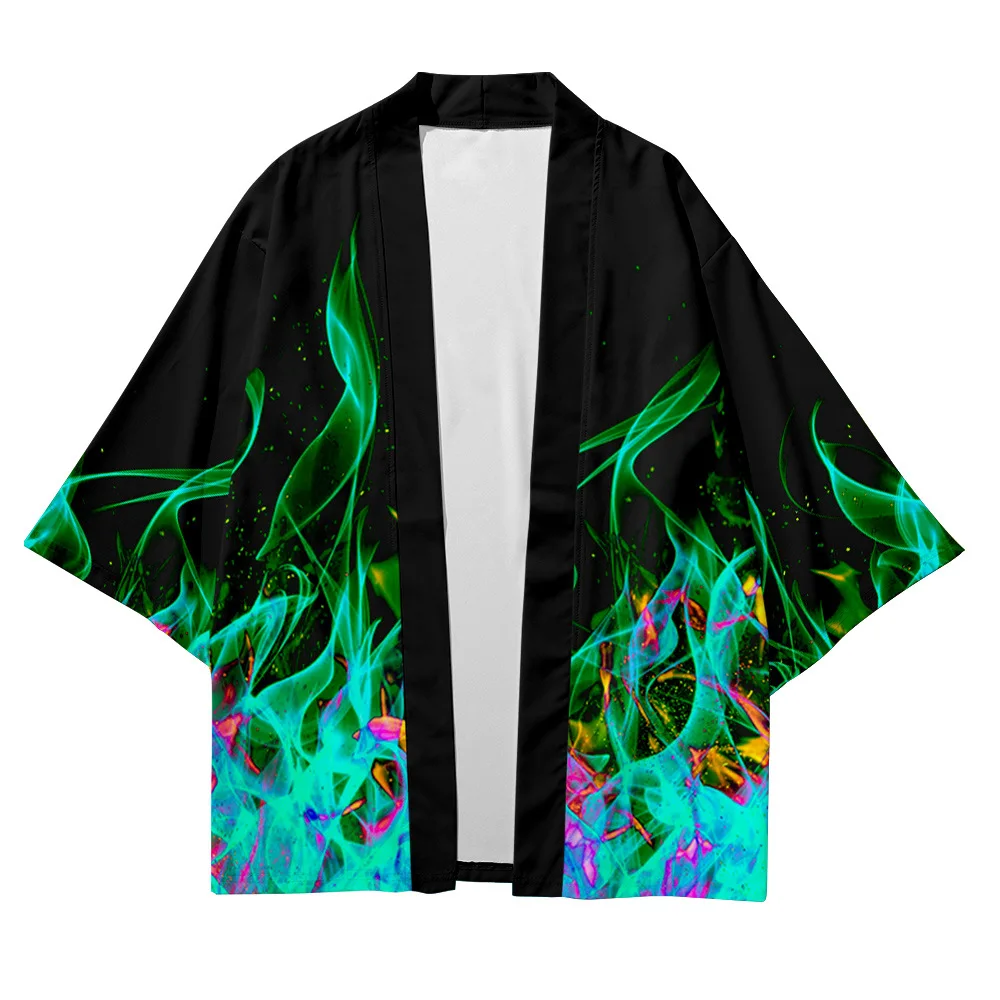 Cool Kimonos Cardigan Japanese Fashion Cosplay Costume Haori 3D Flame Kimono Women Men Shirt Tops for Summer Beach Yukata