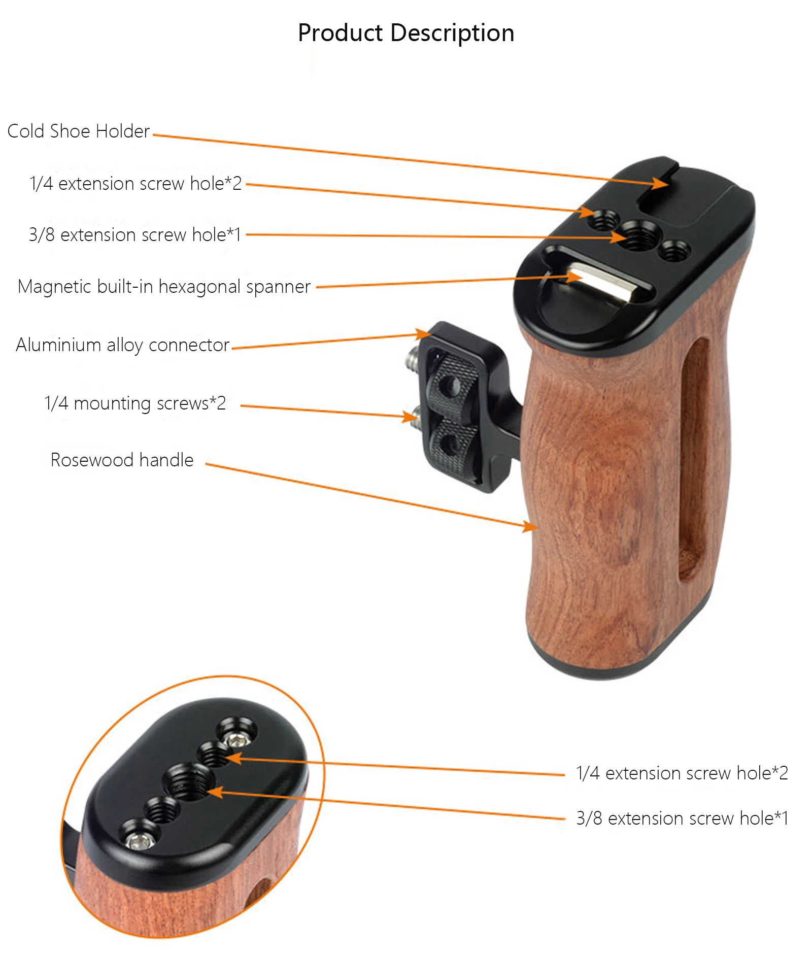 Camera Side Handle Universal DSLR for Sony/Canon/Nikon Camera Wooden Mini Handgrip 1/4 Screws Cold Shoe
