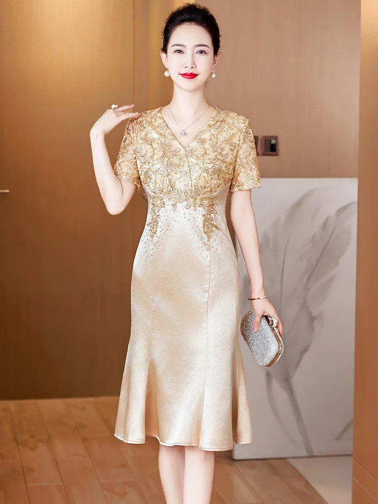 white christmas dresses Berylove Women Champagne Chiffon 2-Piece Mother of The Bride Dress A-Line Lace Appliqued Wedding Guest Dress, Dusty Blue / US4 main image 0