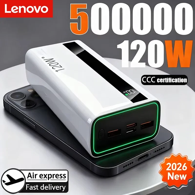Banque d'alimentation portable à haute capacité Lenovo 120W Super Fast Charging 500000mAh avec écran numérique pour iPhone Samsung