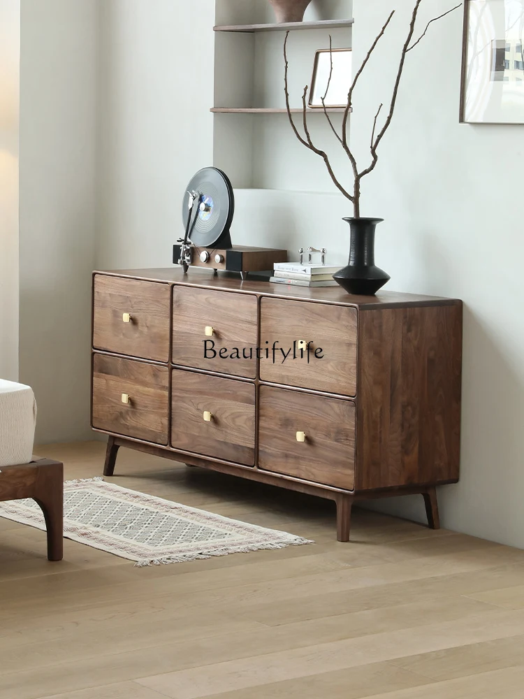 Italian Light Luxury North America Black Walnut Wooden Chests of Drawers Nordic Solid Wood Dining Side Living Room Drawer