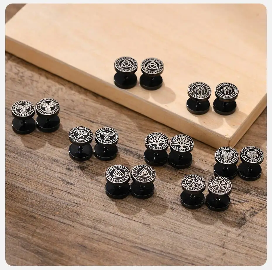 Vnox Herren-Wikinger-Ohrstecker, schwarz, Vegvisir und Norse Valknut, coole Punk-Edelstahl-Ohrringe mit nordischem Wikinger-Set für Männer – Detail 5