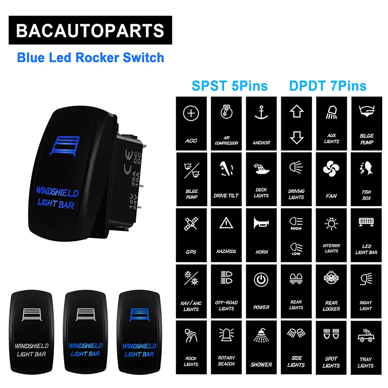 

Blue Led Rocker Switch Led Light Bar SPST 5Pins/DPDT 7Pins For Car Marine Boat IP68 NARVA Carling ARB Style Auto Parts