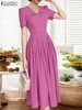 2025 ZANZEA Elegant Women Pleated Dresses Summer Office Work Midi Dress V Neck Short Sleeve Party Sundress Holiday Vestidos Robe