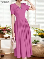 2025 ZANZEA Elegant Women Pleated Dresses Summer Office Work Midi Dress V Neck Short Sleeve Party Sundress Holiday Vestidos Robe