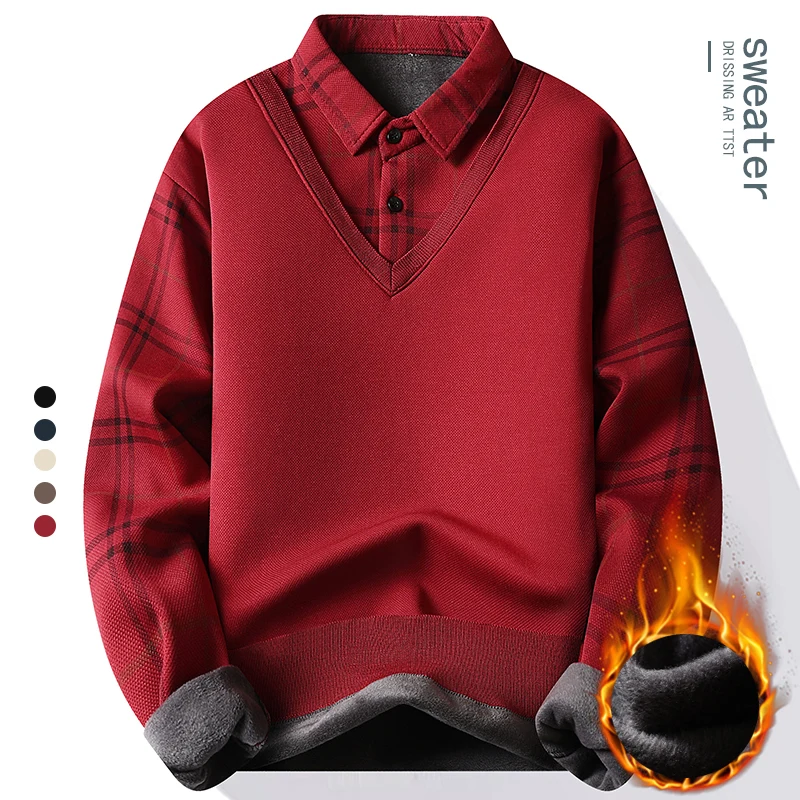 New Mens Fleece Polo Collar Sweater Fake 2 Pieces Patchwork Velvet Pullovers Slim Fit Tops Elegant Knitted Sweaters men long sleeve sweater