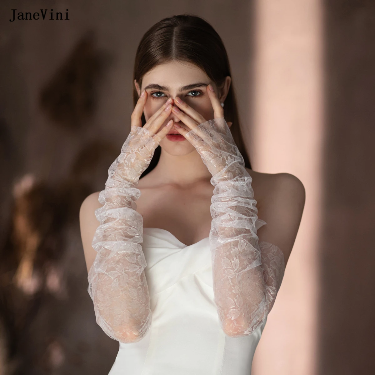 

JaneVini 2024 Elegant Ivory Bridal Gloves Fingerless 55cm Long Lace Hollow Tulle Gloves Women's Wedding Dress Party Accessories