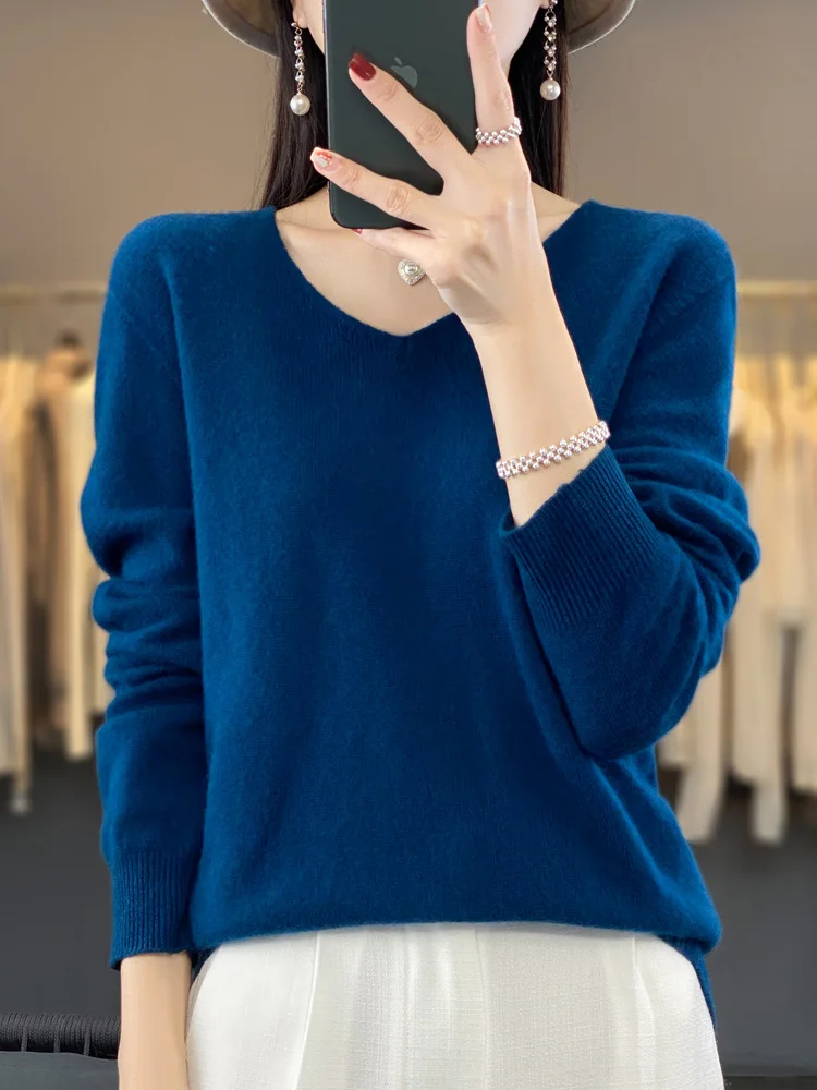 여성용 양모 스웨터, V넥 풀오버, 긴팔 상의, 100% 메리노 양모 용수철, 가을 캐시미어 니트웨어 의류, 신상