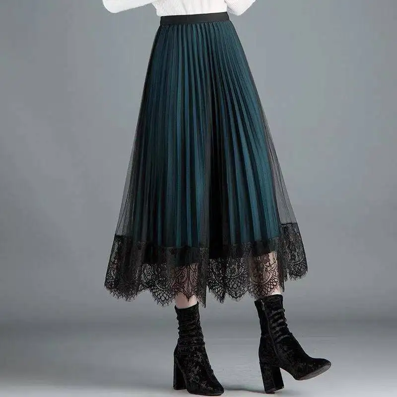 Autumn Winter New Solid Color Fashion Elastic Waist Hip Wrap Skirt Women High Street Elegant Lace Patchwork Pleated A-line Skirt