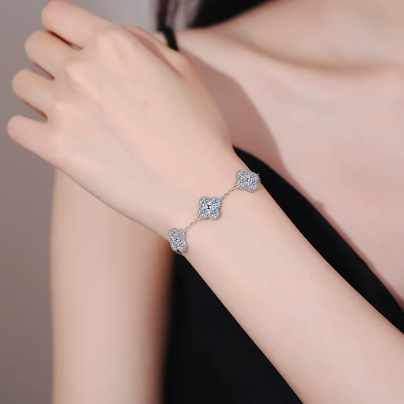 JECIRCON S925 Sterling Silver Moissanite Bracelet for Women Fashion Full Diamond Flower High-end Design Grace Hand Chain Jewelry
