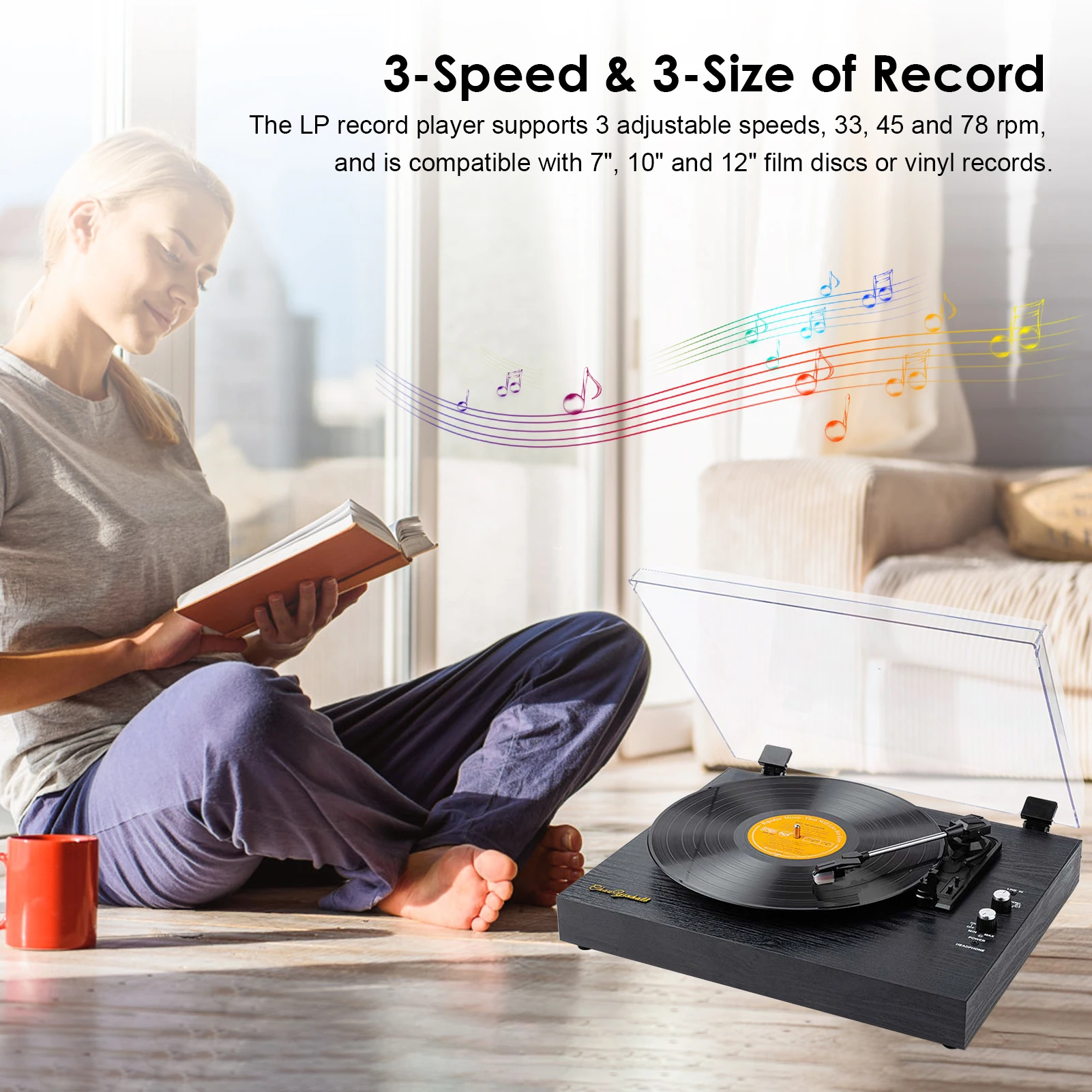 MIXFEER Vinyl Records LP Turntable Retro Record Player Built-in Speakers  Vintage Gramophone 3-Speed BT5.0 AUX-in Line-out RCA Output