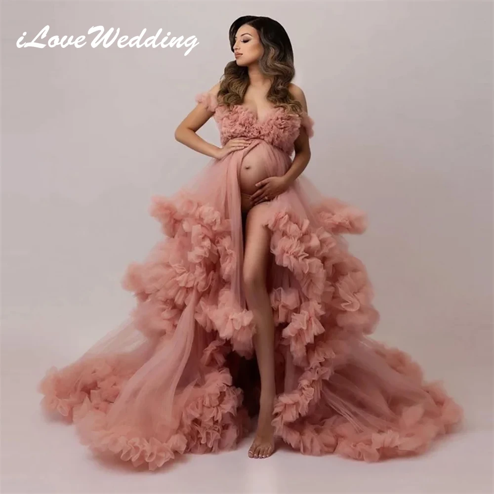 ILoveWedding Maternity Dresses Front Slit Robes Gown Photography Ruffles A-Line Sleepwear Tulle Bridal Bathrobes For Photo Shoot