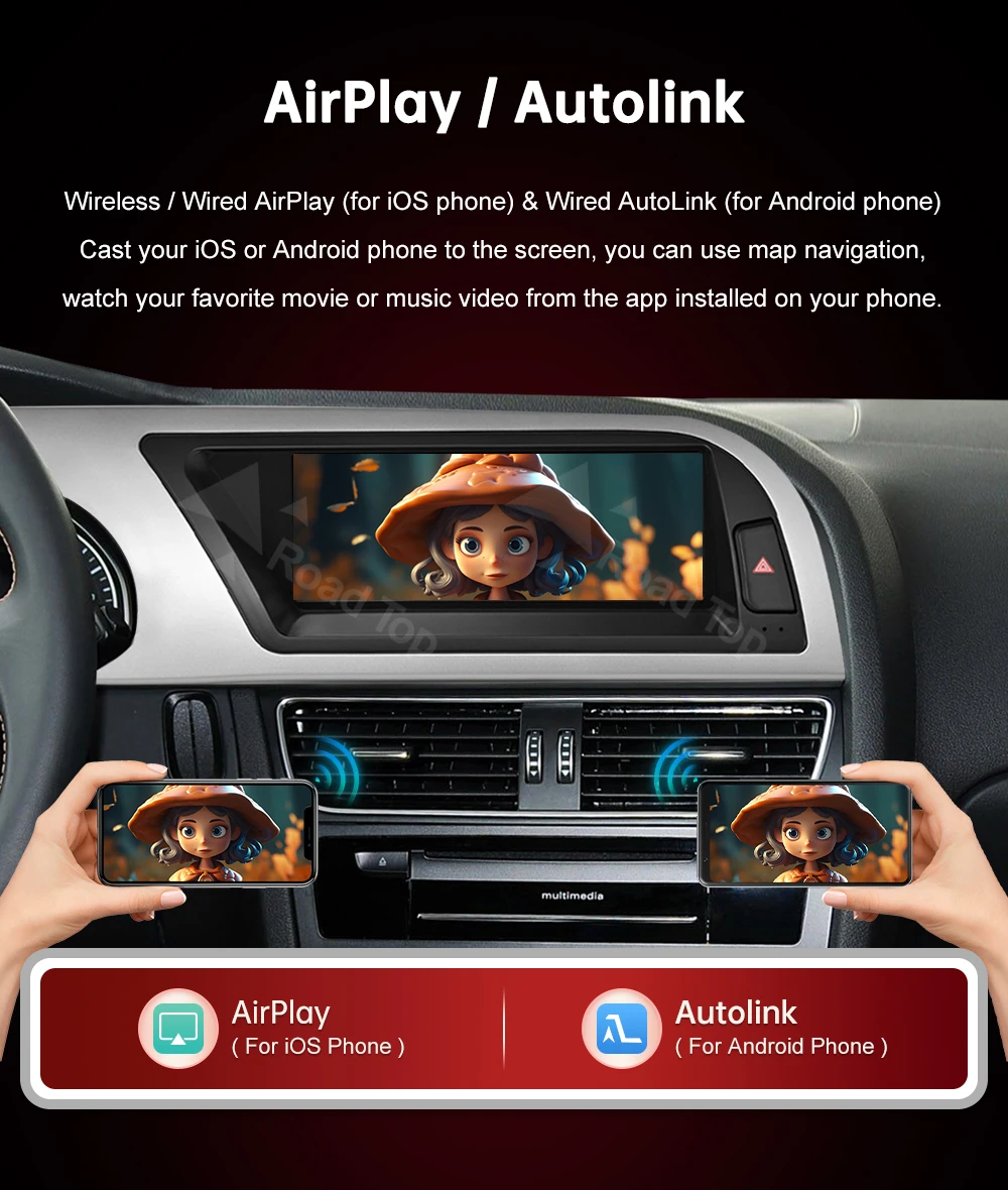 RoadTop 8,9 Zoll 12,3 Zoll Wireless CarPlay Multimedia-Bildschirm Android Auto Linux Bildschirm für Audi A5 2008-2016 3G MMI Airplay Autolink – Detail 13