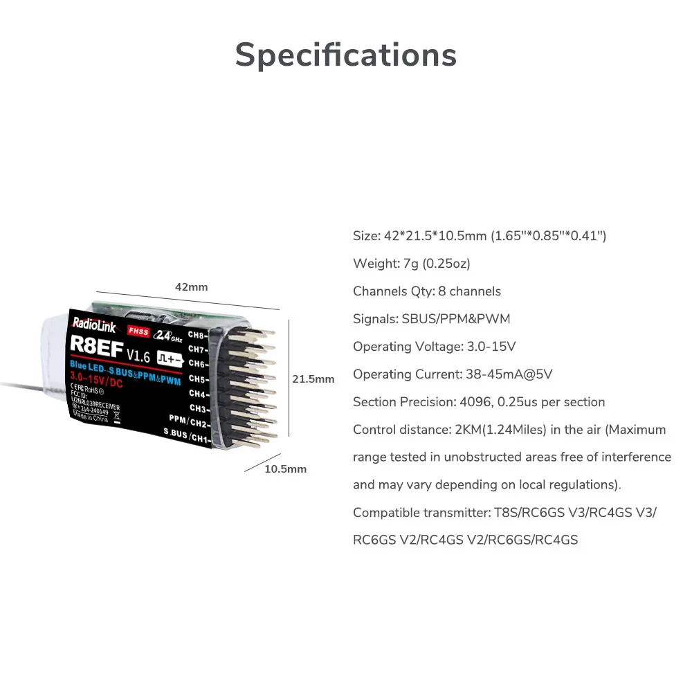 Récepteur Radiolink R8EF avec antennes dépliées, prêt pour installation dans un modèle RC