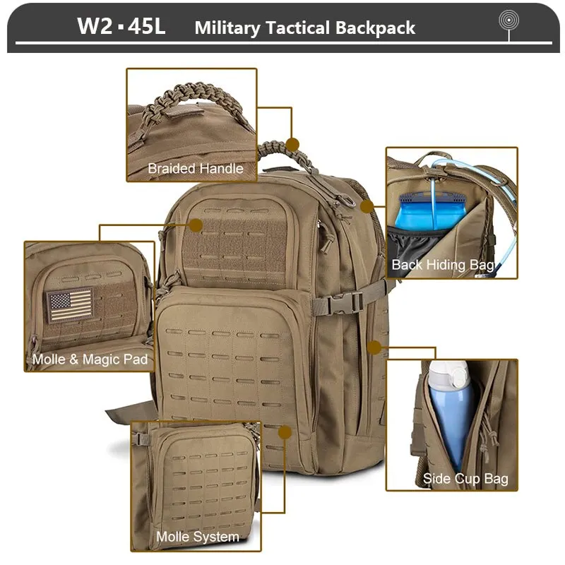 45L Military Tactical Backpack Large 3 Day Assault Pack Molle Bag Rucksack  Bug Out Bag for Camping Hunting Hiking