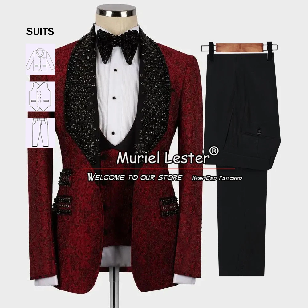 Burundy abiti da uomo smoking da sposa formale elegante Blazer con risvolto con perline floreali su misura 3 pezzi banchetto Prom Party abito maschile