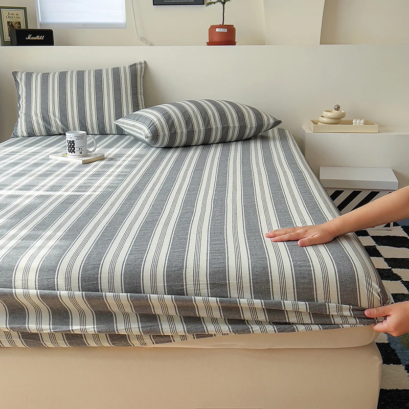Bonenjoy 100% Cotton Fitted Sheet Yarn Dyed Bed Cover Stripe Style Bed Linen sabanas Elastic Bedsheet (Pillowcase Need Order) 3